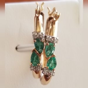 10K Gold Emerald Diamond Hoop Earrings